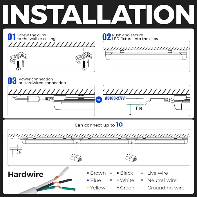 Barrina 6500K 1.5FT LED Shop Light, 3450LM, 25W, T8 Under Cabinet Lighting, Workbench, Workshop, Room, Kitchen, LED Tube Lights, Linkable Light Fixture with Built-in ON/Off Switch, ETL, 2 Packs