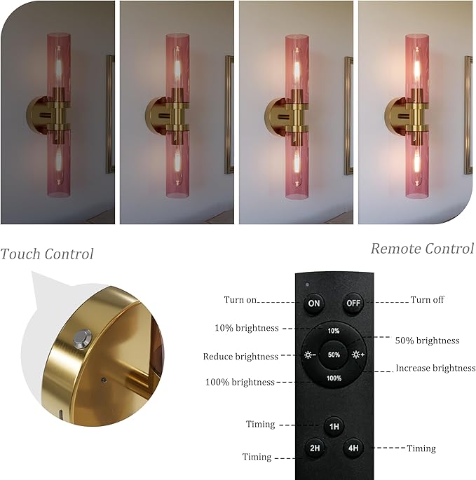 Rayogale Rechargeable Battery Wall Sconce Set of Two, 10000mAh Cordless, Dimmable, Touch Control for Living Room, Bedroom Gold with Wine Red Lampshade (Include 4 Special Bulbs)