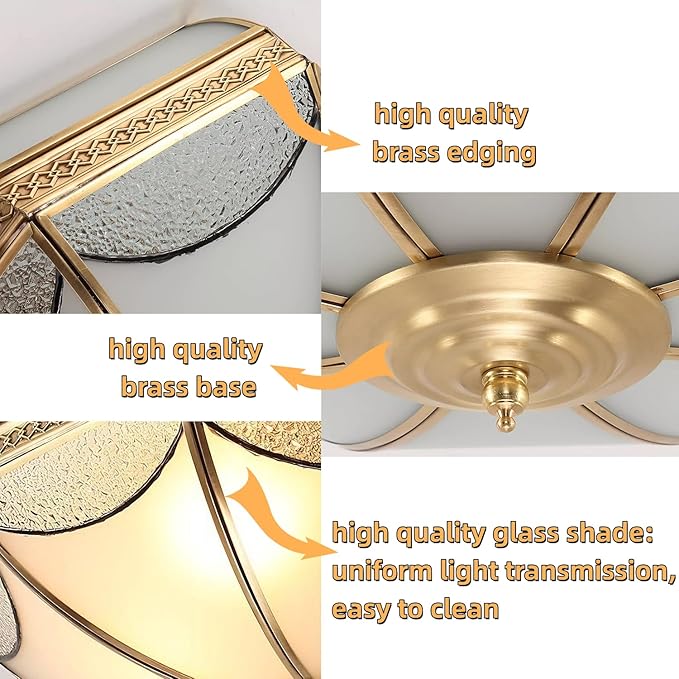 MIXL-Mid Century Modern Brushed Gold Ceiling Light Fixtures,6-Lights Brass Ceiling Lighting with Glass Shade,3-Colors Dimmable Dining Light Fixture, Art Deco Ceiling Lights for Bedroom Study Room