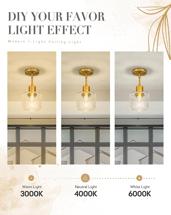 LMS Modern 1-Light Semi Flush Mount Ceiling Light, Brushed Gold Close to Ceiling Light with Seeded Glass Shade, Farmhouse Lighting for Hallway Corridor Kitchen, LMS-101GD