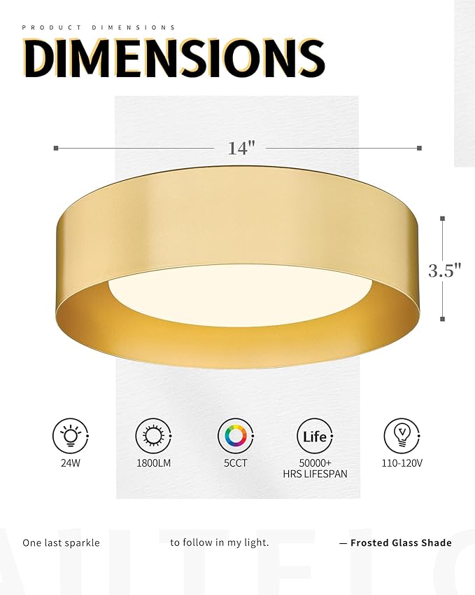 AUTELO Gold Flush Mount Ceiling Light, LED 14" Ceiling Mount Light Fixture with Frosted Glass for Bedroom Foyer Hallway C3336XS BRZ LED