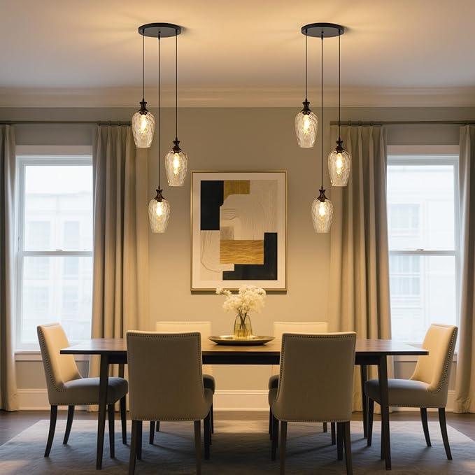 3-Light Pendant Lighting, Black Dining Room Chandelier Light Fixture Over Table with Hammered Glass, Modern Cluster Hanging Lights for Kitchen Island Sink, E26