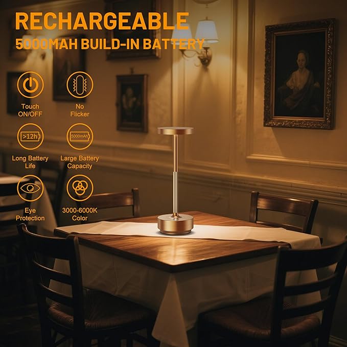 SAKRINGT 2 Pack Rechargeable Cordless Table Lamp - Battery Operated LED Portable Table Light with 3 Color Stepless Dimming, Memory Function - IP54 Waterproof for Outdoor, Restaurant, Patio, Camping