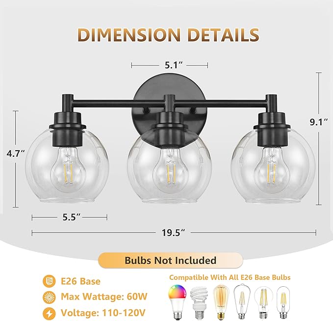 Black Bathroom Vanity Lights, 3-Light Wall Sconce with Glass Globe Shade, Vanity Lighting for Bathroom/Bedroom/Dressing Room, Vertical/Horizontal Mounted, E26 Bulb Base (Bulb Not Included)