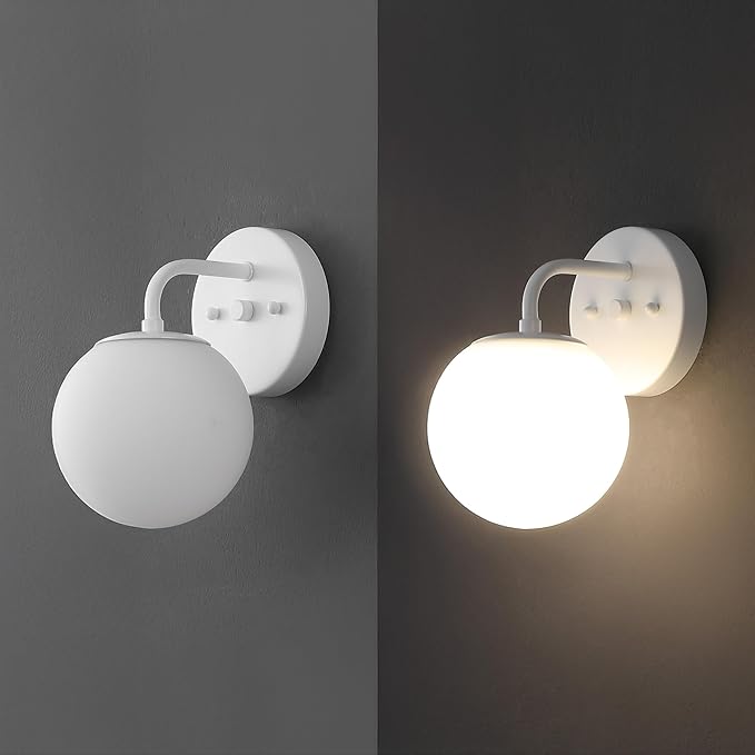 JONATHAN Y 5.75" White 1-Light Modern Globe Wall Sconce Vanity Light for Bathroom, White Frosted Glass Shade, Midcentury Parisian Bistro Wall Lamp, LED Bulb Included (JYL3534D)