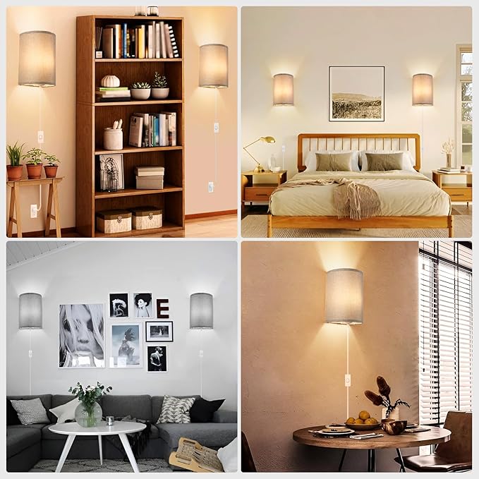 Wall Sconces Set of 2, Plug in Wall Sconces with On/Off Switch, 3-Color Selectable (3000K/4000K/6000K), Fabric Linen Lamp Shades, No Wiring Required, Ideal for Bedroom, Living Room, and Porch (Grey)