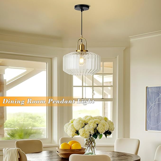 11.8in Mid Century Modern Clear Glass Pendant Light Fixture, Large Gold Kitchen Island Pendants Light Glass Ceiling Hanging Lamp for Foyer Dining Room Bedroom Entryway Hallway Over Sink