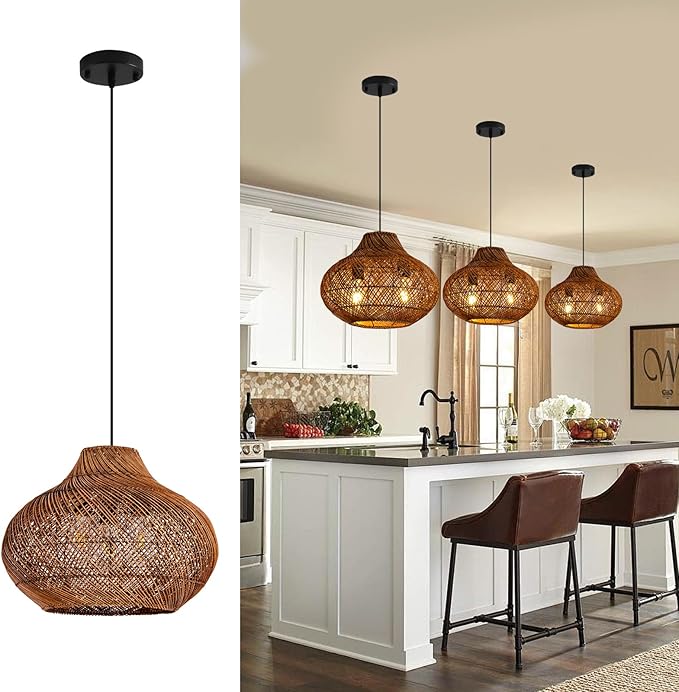 2-Light Dark Brown Rattan Pendant Light,14.96" Round Rustic Hanging Light,Curry Wicker Pendant Light Hand-Woven Rattan Chandelier for Workplace Dining Living Bedroom Kitchen Farmhouse