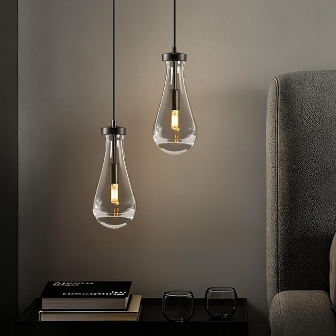 Raindrop Pendant Lights Kitchen Island: 2-Lights Black Crystal Teardrop Adjustable Height Pendant Light Fixtures over Dining Table - Modern Glass Rain Drop Ceiling Chandelier Bedroom Bathroom Lighting