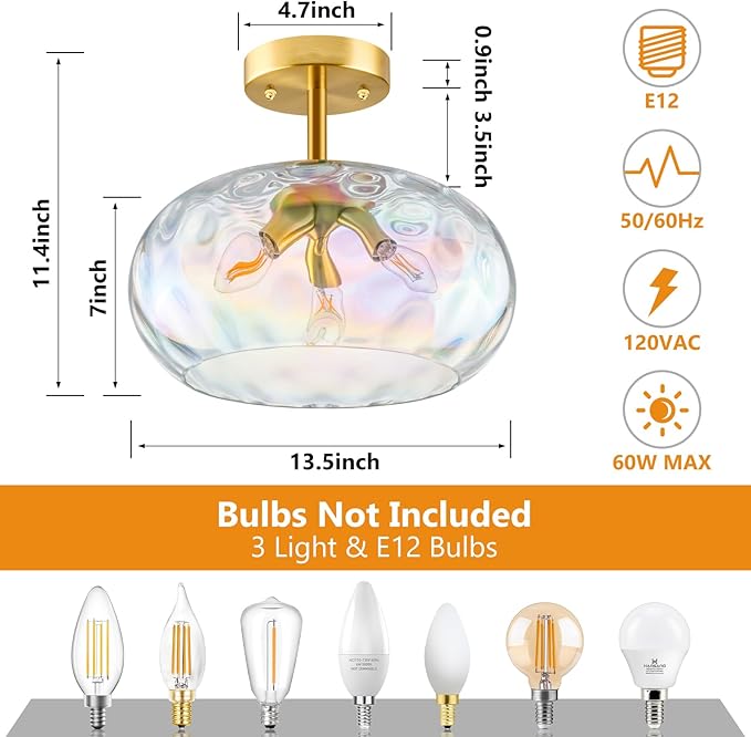 14'' Semi Flush Mount Ceiling Light, 3-Light Iridescent Glass Shade, Brass Indoor Vintage Ceiling Light Fixture for Entryway, Bedroom, Kitchen, Living Room, Hallway, Farmhouse Bulbs Not Included