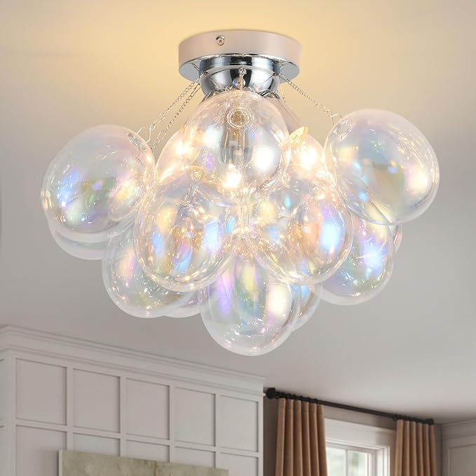 Bubble Light Fixture Flush Mount Ceiling Light Bubble Chandelier 17.7in Blown Glass Semi Flush Mount Chandelier for Bedroom Hallway Entryway Kitchen Foryer Dining Room 1 Pack