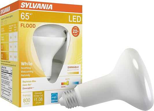 LEDVANCE Flood BR30 LED Light Bulb, 65W = 9W, Dimmable, 22 Year, 800 Lumens, 3000K, White - 1 Pack (41111)