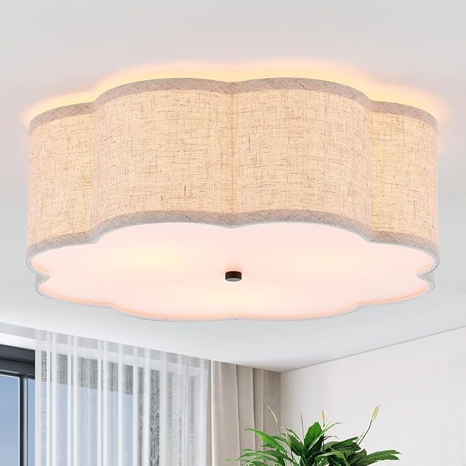 18" Modern Flush Mount Ceiling Light, 3-Light Large Black Ceiling Fixture with Beige Linen Drum Shade, Flower Design Ceiling Lamp for Dining Room, Bedroom, Nursery, Entryway