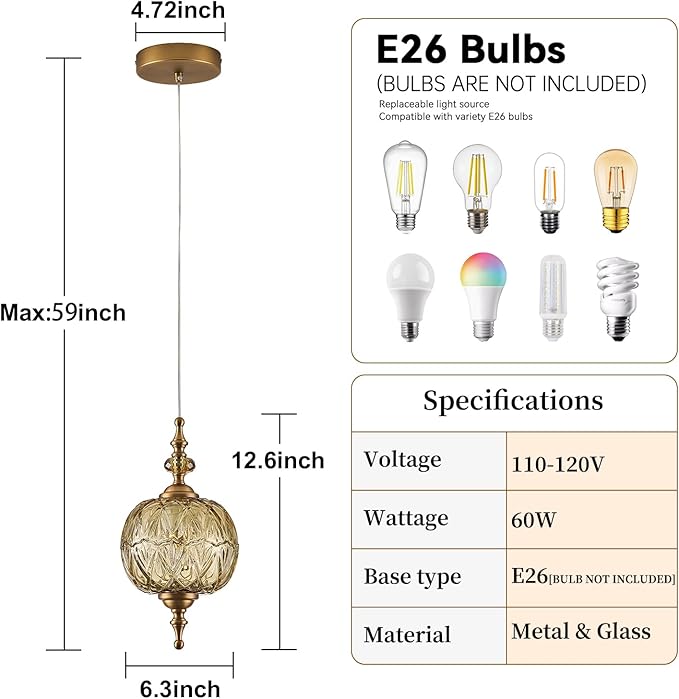 Vintage Amber Pendant Light Fixtures E26 Bulb Pendant Lights for Bedroom Living Room Dining Room Kitchen Island Hallway