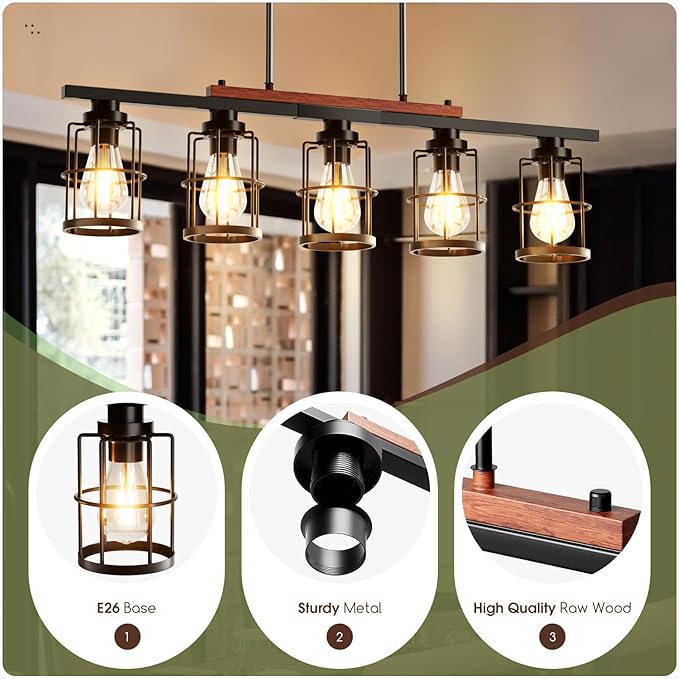 5-Light Dining Room Light Fixture, Chandeliers for Dining Room with Metal Lampshade, 33.4" Kitchen Island Lighting for Dining Rooms, Kitchens, and Islands, with Adjustable Height