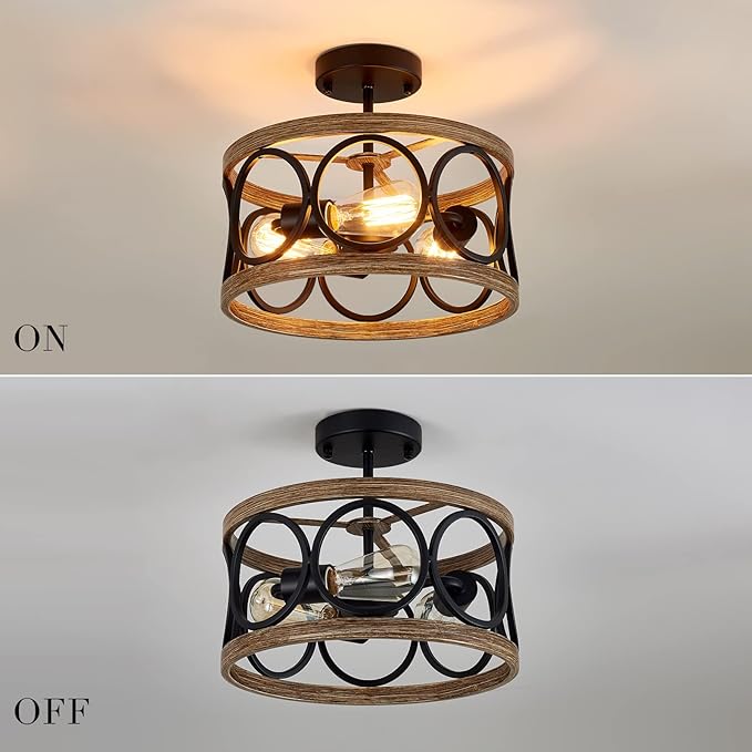 Semi Flush Mount Modern Farmhouse Ceiling Light Fixtures,3-Lights Black and Retro Wood Finish,Drum Shade Rustic Light Fixtures for Entryway Hallway Foyer Kitchen Dining Room Bedroom