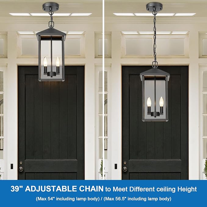 Large Outdoor Pendant Light Matte Black Hanging Light Fixture Ceiling Mount 2-Light, Dusk to Dawn Modern Large Outdoor Chandelier with Clear Glass Exterior Pendant Lights for Porch Patio