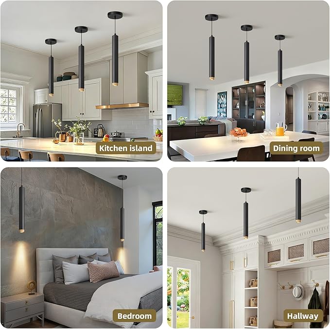 OKELI Modern Black LED Pendant Light for Kitchen Island, 1 Pack – Dimmable Zoomable Pendant, Adjustable Beam Angle, 3 Color Temps 2700K/4000K/6000K, Mini Hanging Light for Bar or Bedroom, 7W 15"