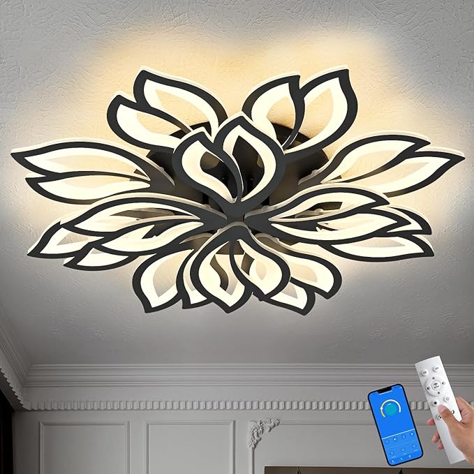 Modern Ceiling Light with APP & Remote Control, Dimmable LED Flush Mount Chandelier with 3-Color, Black Acrylic Flower Ceiling Light Fixture for Living Room Dining Room Bedroom Kitchen-12-Leaves