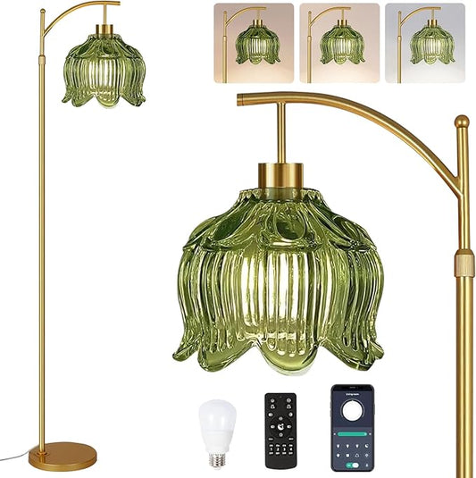 QIYIZM Green Floor Lamp for Living Room,Bedroom,Gold Dimmable Standing Lamp with Remote,Mid Century Modern Brass Tall Lamp Boho Floor Lamps Arc Vintage Glass Flower Floor Light Lamp Girls Bohemian