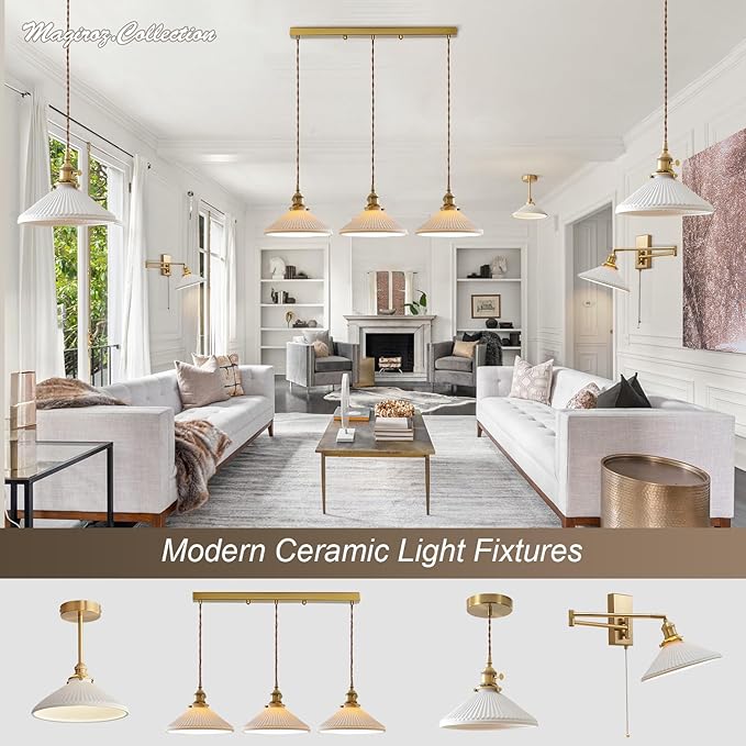 3 Light Linear Pendant Lighting Milk Glass Linear Chandelier Brushed Gold Kitchen Island Lighting Mid Century Brushed Gold Hanging Ceiling Light Fixtures for Dining Room Living Room MPL16D-3L