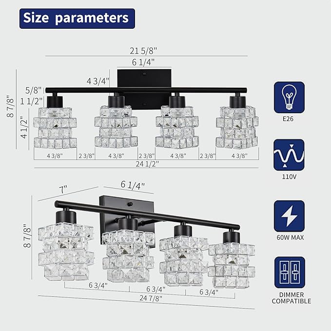 4 Lights Bathroom Vanity Light, Crystal Bathroom Light Fixture Over Mirror, Matte Black & Crystal Indoor Wall Lights | Chrome Glass Modern Lampshade for Sink, Mirror & Foyer Corridor