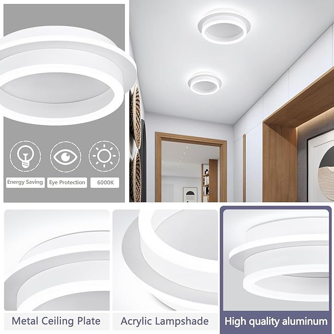 CANEOE Round Modern Led Ceiling Light Fixture, 24W LED Flush Mount Ceiling Lamp, Black Small Hallway Ceiling Light for Dining Room Bedroom Kitchen Bathroom Entryway Lighting Fixtures (White)