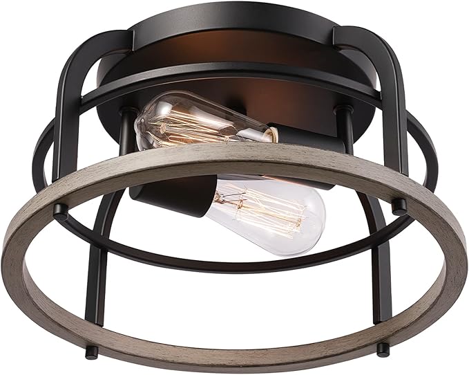 GLOBE Electric 65888 Shilah 2-Light Flush Mount Ceiling Light, Matte Black, Faux Wood Accents