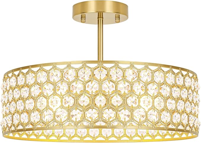 Gold Crystal Ceiling Light Fixture - Modern Semi Flush Mount Ceiling Chandelier Lighting for Kitchen, Dazzling Prism Chandelier for Bedroom, Bathroom, Dining Room, 5 Light, 16 in