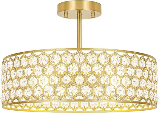 Gold Crystal Ceiling Light Fixture - Modern Semi Flush Mount Ceiling Chandelier Lighting for Kitchen, Dazzling Prism Chandelier for Bedroom, Bathroom, Dining Room, 5 Light, 16 in