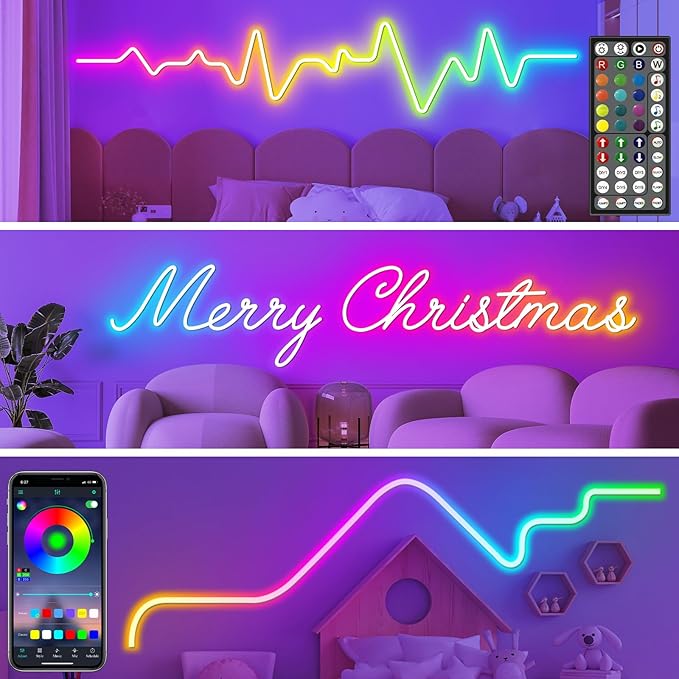 LETIANPAI Neon Rope Lights,Flexible Led Rope Lights Control with App/Remote,Multiple Modes Rope Lights,IP65 Outdoor RGB Led Neon Lights Waterproof,Music Sync Gaming Led Light Strip (50FT)