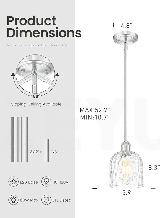 zeyu Adjustable Hanging Lights for Kitchen, Large Pendant Lights Kitchen Island, Modern Hanging Pendant Lights 2 Pack with Clear Hammered Glass, Brushed Nickel Finish, ZJF63MIL-L-2PK BN