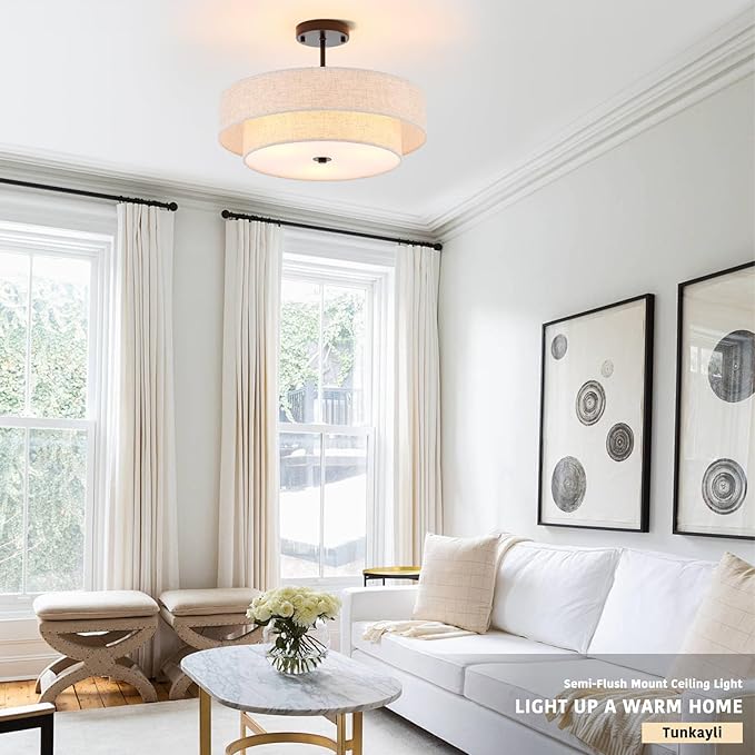 Semi Flush Mount Ceiling Light, 18" Black Drum Ceiling Light Fixture, 3-Light with 2-Tier Beige Linen Fabric Shade, Modern Farmhouse Close to Ceiling Light for Bedroom, Kitchen, Entryway