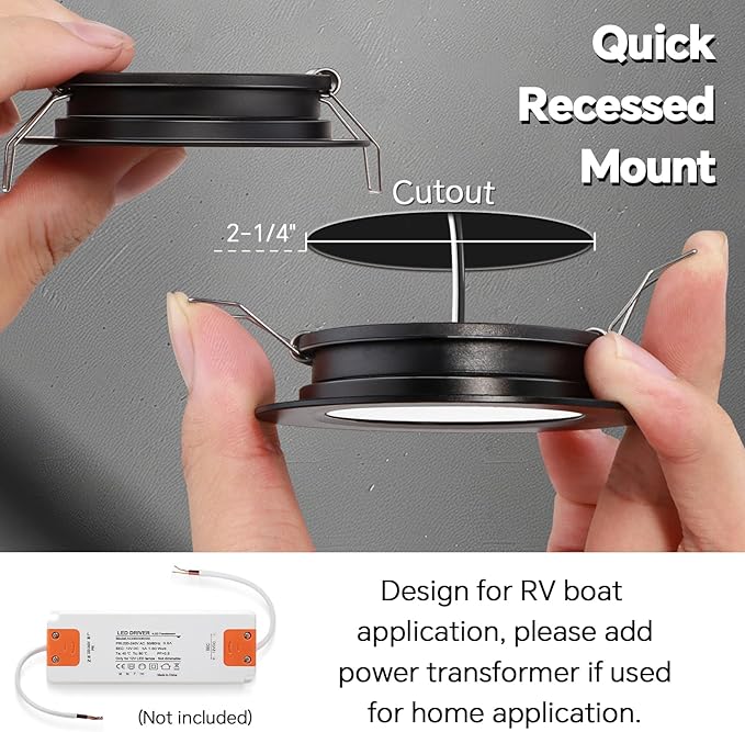 acegoo RV 2.75" Recessed LED Ceiling Light 12V Ultra-Thin Puck Light, Dimmable RV Lights Interior for Camper Van Truck Motorhome Boat Sailboat Roof Under Cabinet Lighting, 6 Pack (Black,Cool White)