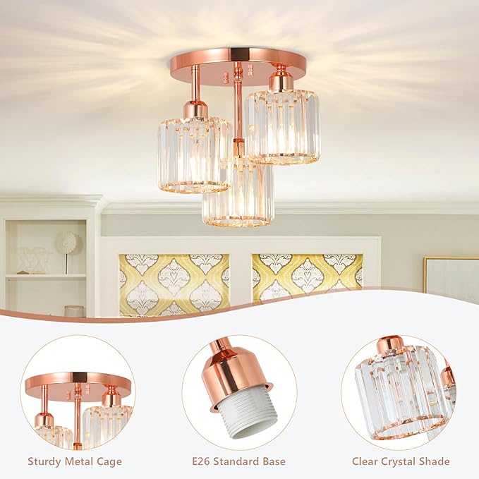 Crystal Semi Flush Mount Ceiling Light,3-Light Modern Kitchen Lighting Fixtures,Rose Gold Dining Room Light Fixture with Clear Crystal Shade，Ceiling Light Fixture for Bedroom Bathroom