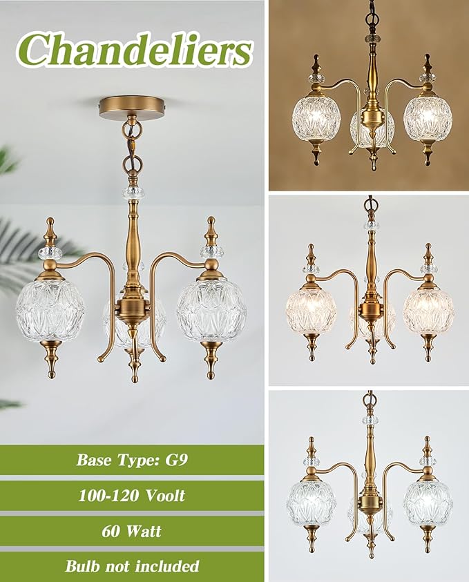 Vintage Pendant Light Fixtures, 3-Light Chandeliers for Kitchen Antique Gold Glass Pendant Lighting Matte Brushed Brass Finish with Crystal Glass Shade for Farmhouse Hotel Kitchen Island