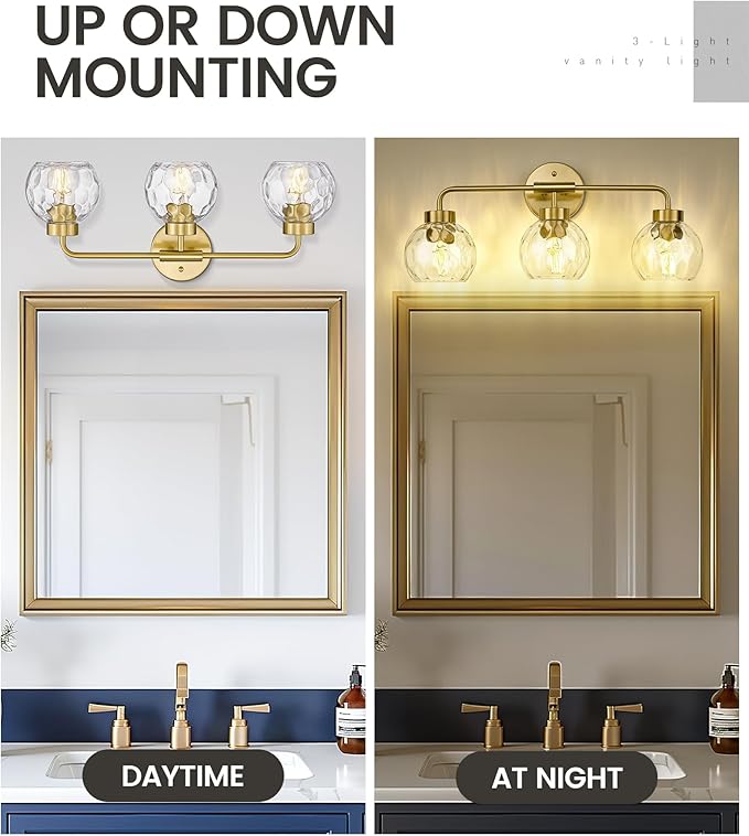 zeyu Modern Bathroom Vanity Light, 23 Inch 3-Light Gold Bathroom Light Fixtures, Water Ripple Globe Glass, Brushed Gold Finish, ZS62BG-3W BG-WG