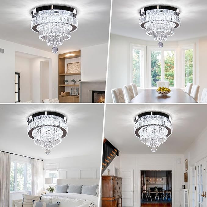 Chandelier 11.8" Modern Crystal Chandeliers Crystal Light Fixtures Flush Mount Chandelier Ceiling Light Chandeliers for Bedrooms Living Room Dining Room Hallway (Cool White)