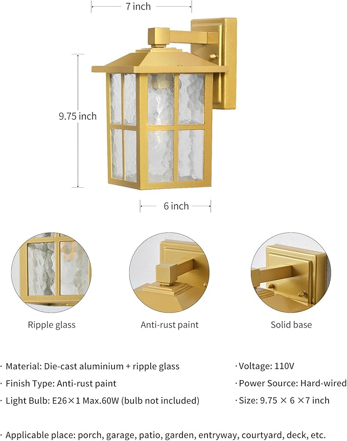 KDG Outdoor Waterproof Patio Wall Light Fixtures Set of 2, Gold E26 Socket Exterior Lanterns with Tempered Glass, Modern Wall Mounted Lamp Suitable for Home, Front Door, Garden, Garage, Porch