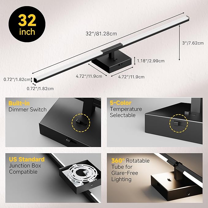 Vanity Lights 32 inch, 4-Level Brightness Built-in Dimmer, 18.5W Dimmable 5CCT Bathroom Light Fixtures Over Mirror, Black Vanity Lights for Bathroom Mirror Bedroom-FCC & ETL Certified