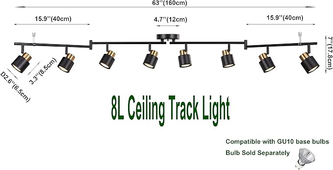 8 Light Foldable Track Lighting Kit, Matt Black Brass Finish Adjustable with Moden Flush Mount Ceiling Spotlight for Kitchen,Dining,Living Room,Home Improvement