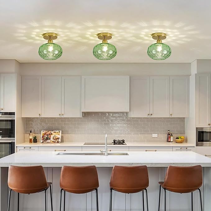 Green Glass Semi Flush Mount Ceiling Light - 7.9 Inch Hammered Art Deco Glass Small Hallway Light fixtures, Vintage Gold Flush Mount Ceiling Light for entryway Foyer Laundry Room Kitchen
