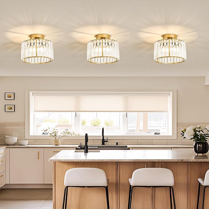 CVKASH 2 Pack Gold Crystal Semi Flush Mount Ceiling Light,Vintage Mini Ceiling Light Fixture Metal Close to Ceiling Lamp for Hallway Kitchen Living Room Bathroom Entryway Bedroom Closet