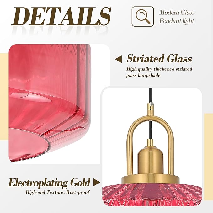 11.8in Mid Century Modern Wine Red Glass Pendant Light Fixture, Large Gold Kitchen Island Pendants Light Glass Ceiling Hanging Lamp for Foyer Dining Room Bedroom Entryway Hallway Over Sink