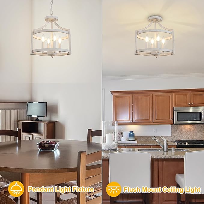 4 Lights Farmhouse Chandelier, Vintage Chandeliers for Dining Room, Rustic Semi Flush Mount Ceiling Light, Antique White Metal Hanging Pendant Light Fixture for Foyer Entryway Kitchen Island