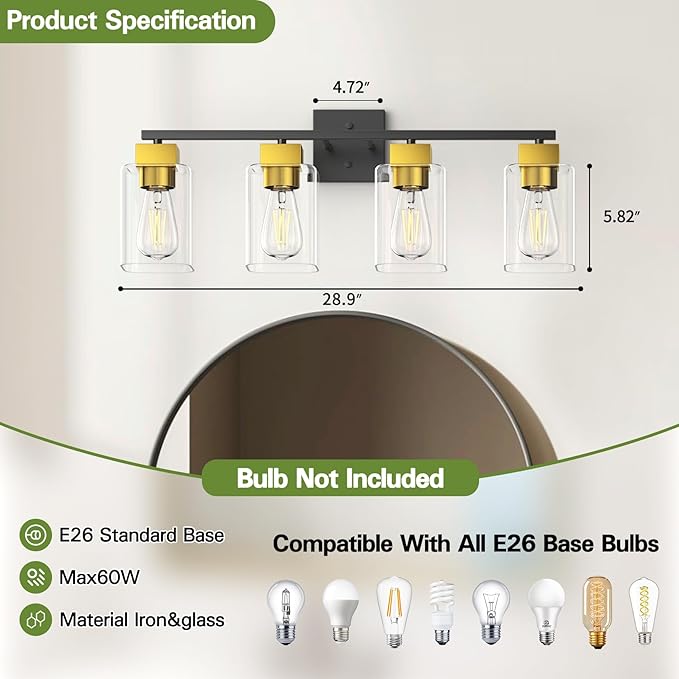 Espird 4 Light Bathroom Vanity Light - Black and Brushed Gold Bathroom Light Fixtures UL Certification, Square Light Fixture Over Mirror, Farmhouse Light Fixtures for Bathroom & Bedroom