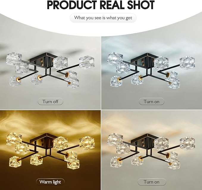 Modern 8-Light Semi Flush Mount Ceiling Light Fixture Black and Gold Chandelier Farmhouse Ceiling Lamp for Dining Room Bedroom Bathroom Entryway Hallway Stairway