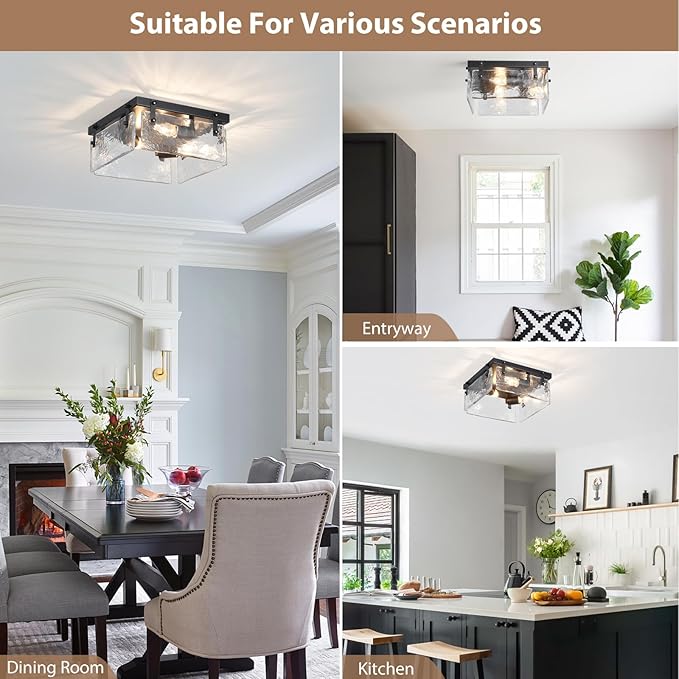 Square Glass Close to Ceiling Light Fixture Black Modern Farmhouse Flush Mount Ceiling 3-Light 12" Metal Glass Chandelier for Hallway Bedroom Stairway Kitchen Entryway