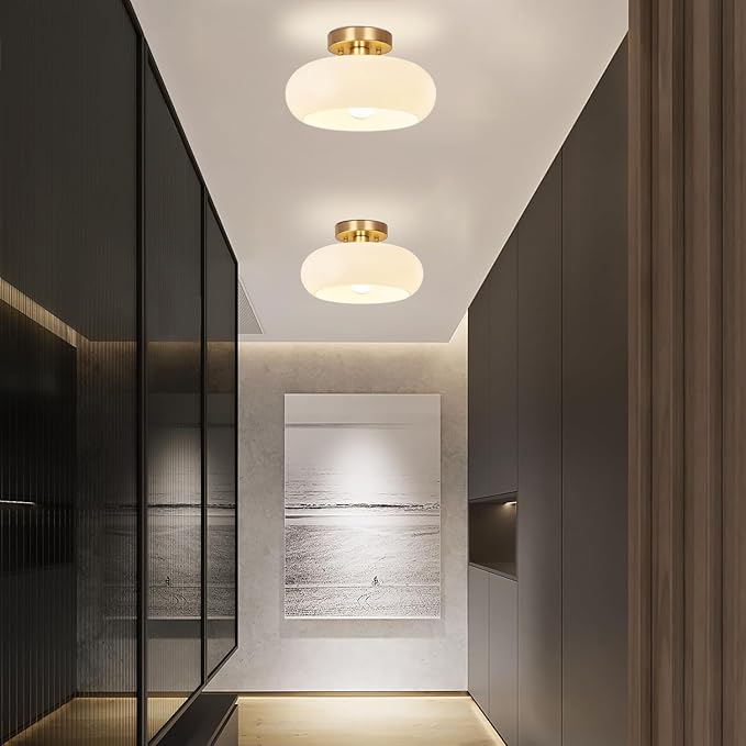Gold Semi Flush Mount Ceiling Light,11inch Mid Century Modern Light Fixture,Hallway Lighting Fixture with Milk White Glass Shade,Vintage Ceiling Lamp for Kitchen,Porch,Entryway,Closet,Bedroom