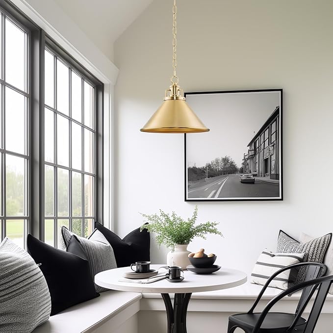 Kira Home Romine 12" Modern Gold Pendant Light with Cone Metal Shade, Mid-Century Gold Hanging Light, Cool Brass Finish